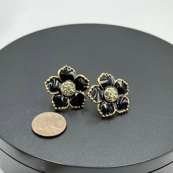 Kate Spade NY Black Enamel Pave Center Gold Plated Flower Stud Pierced Earrings - Picture 5 of 8